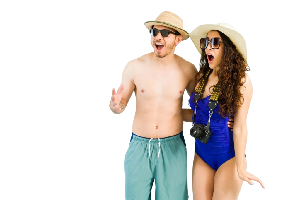 atractiva pareja mirando algo impresionante viaje tropical mujer joven hombre sorprendidos que parecen sorprendidos sus vacaciones verano